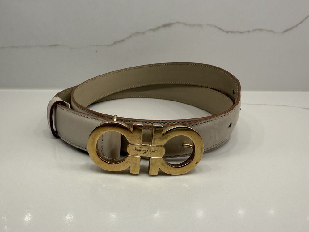 Salvatore Ferragamo Gancini Belt L Ivory Leather Gold Buckle Made Italy 23 6091